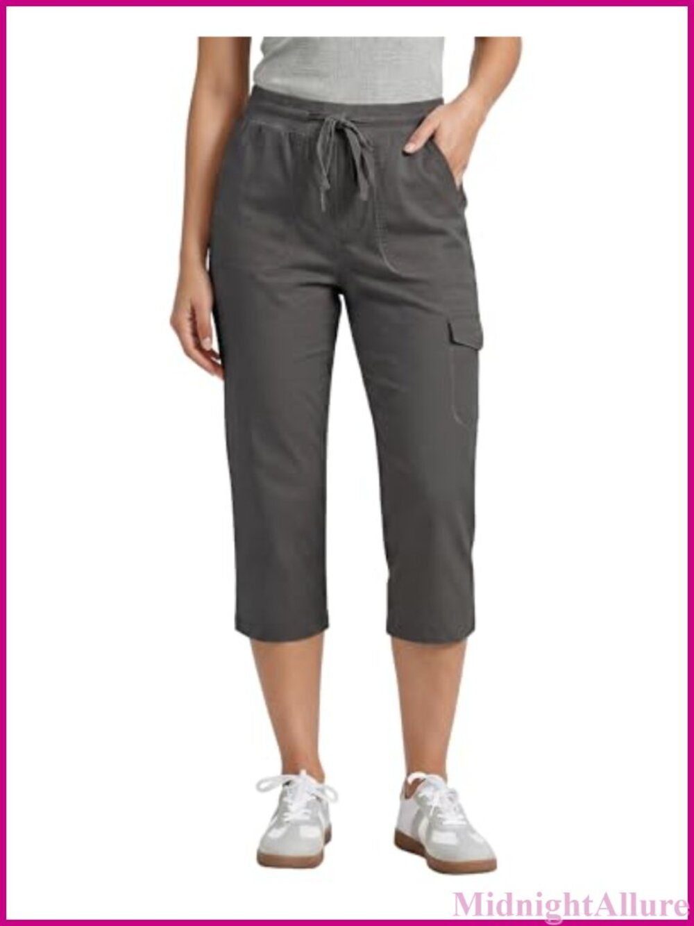 Cargo Capri Pants Elastic High Waist Pull On Drawstring Cotton Chino Cropped